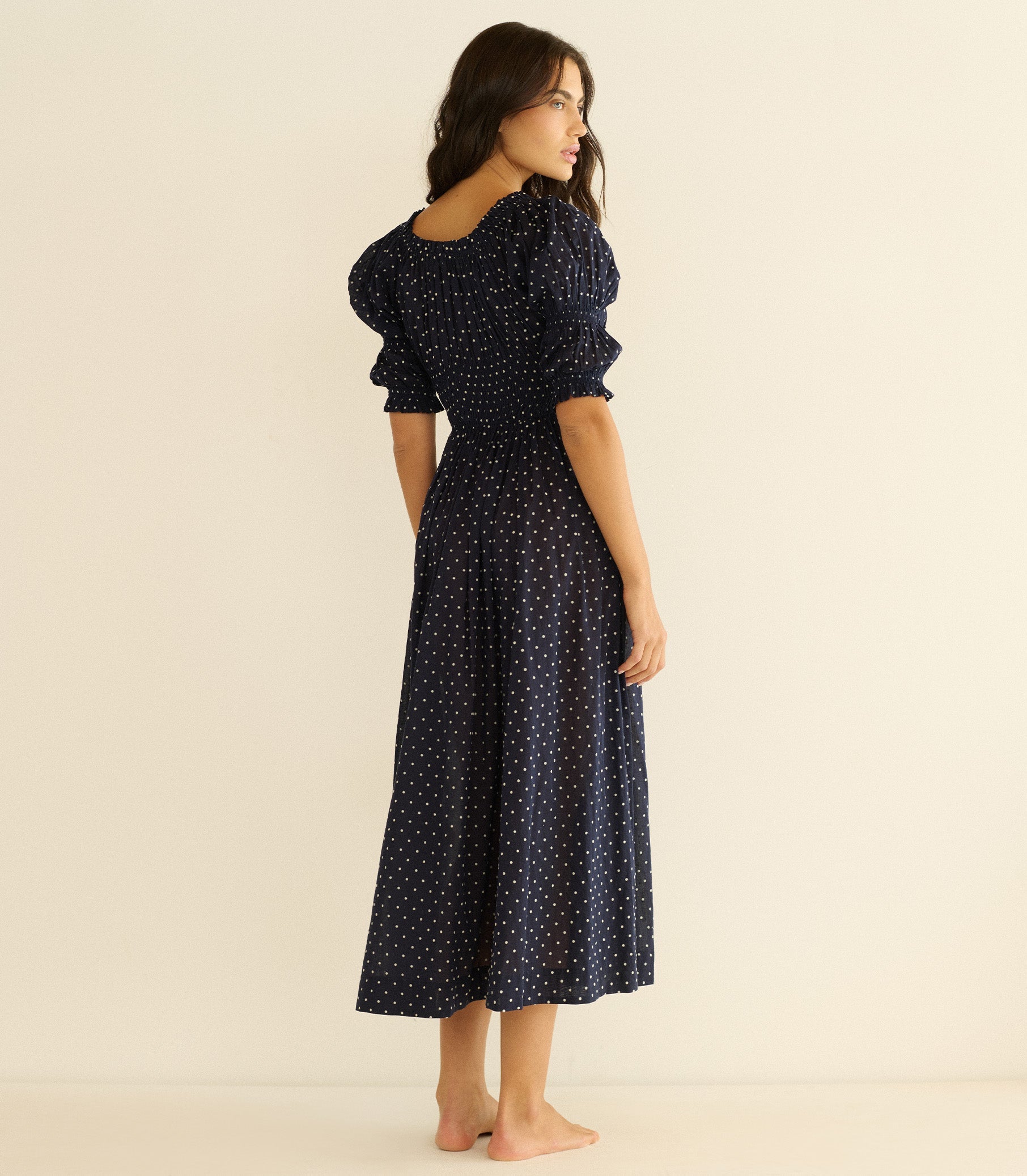 ISCHIA DRESS -- NAVY FLOCK DOT